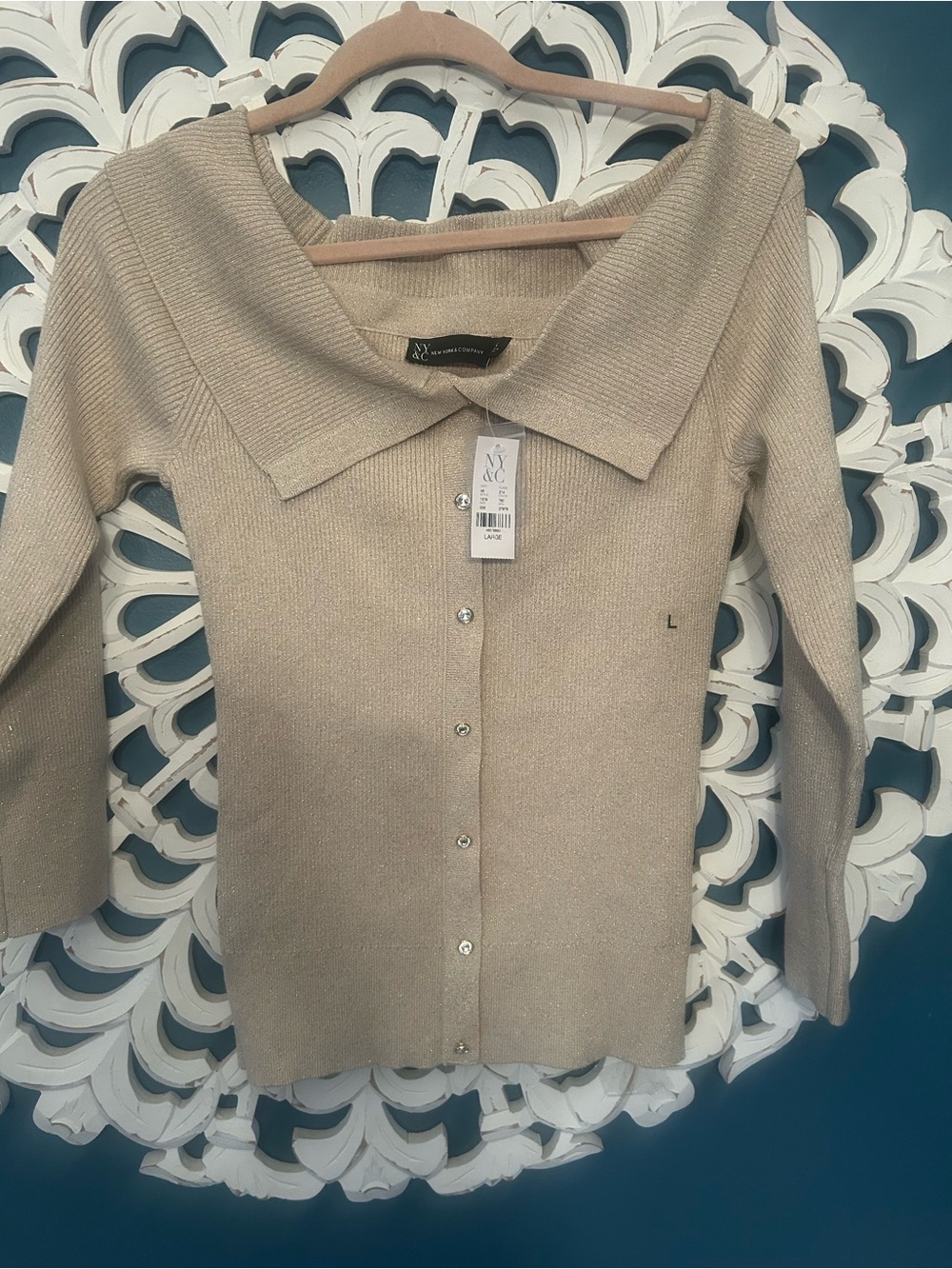 NWT New York & Company Shimmery Off the Shoulder gold/tan metallic